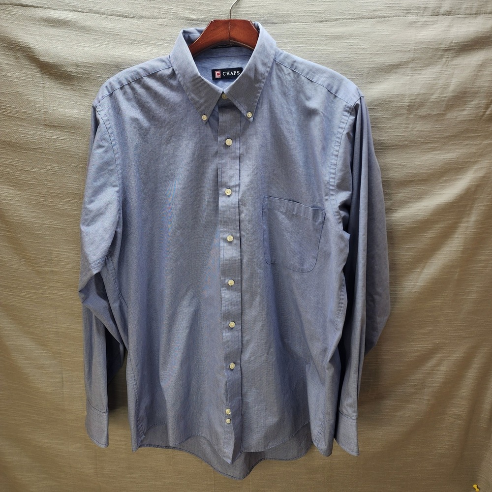 Chaps Mens Classic Fit Blue Micro Check Button Down Shirt 16.5 34/35 WrinkleFree